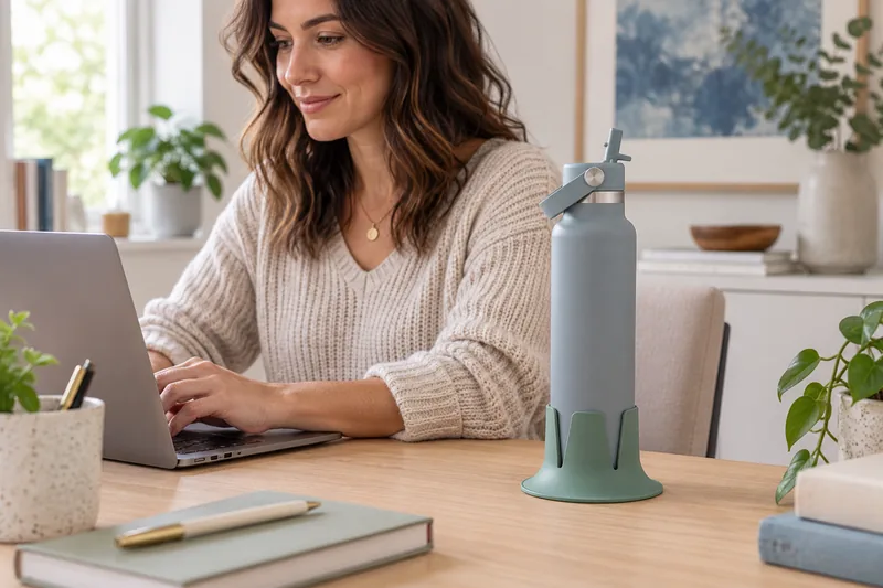 A water bottle in Steadi on a fully supported surface within reach. AI lifestyle illustration.