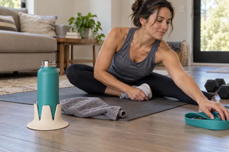 Adult stretching after a home workout with uncapped reusable water bottle with narrow compatible bottom in Steadi on broad level floor patch beside exercise mat outside movement area. AI illustration.