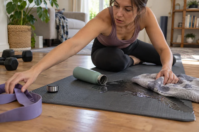 Reaching for a resistance band knocks uncapped bottle; water spreads over exercise mat and towel. AI illustration.